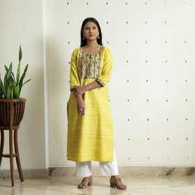 Bright Yellow - Bhagalpuri Handwoven Desi Tussar Silk Long Kurta