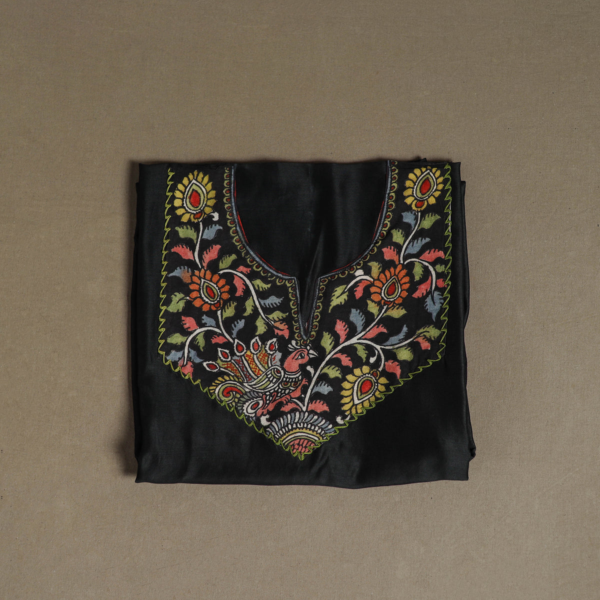Black - Handpainted Srikalahasti Handloom Chanderi Silk Unstitched Kurta (2.3M) 19