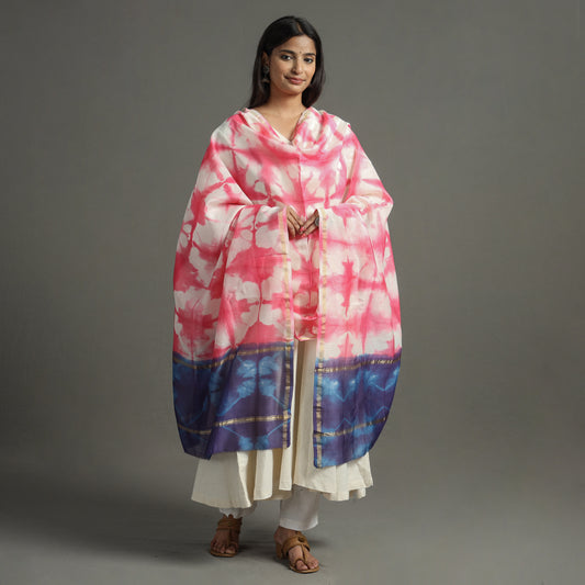 Pink - Shibori Tie-Dye Handloom Chanderi Silk Dupatta with Zari Border 76