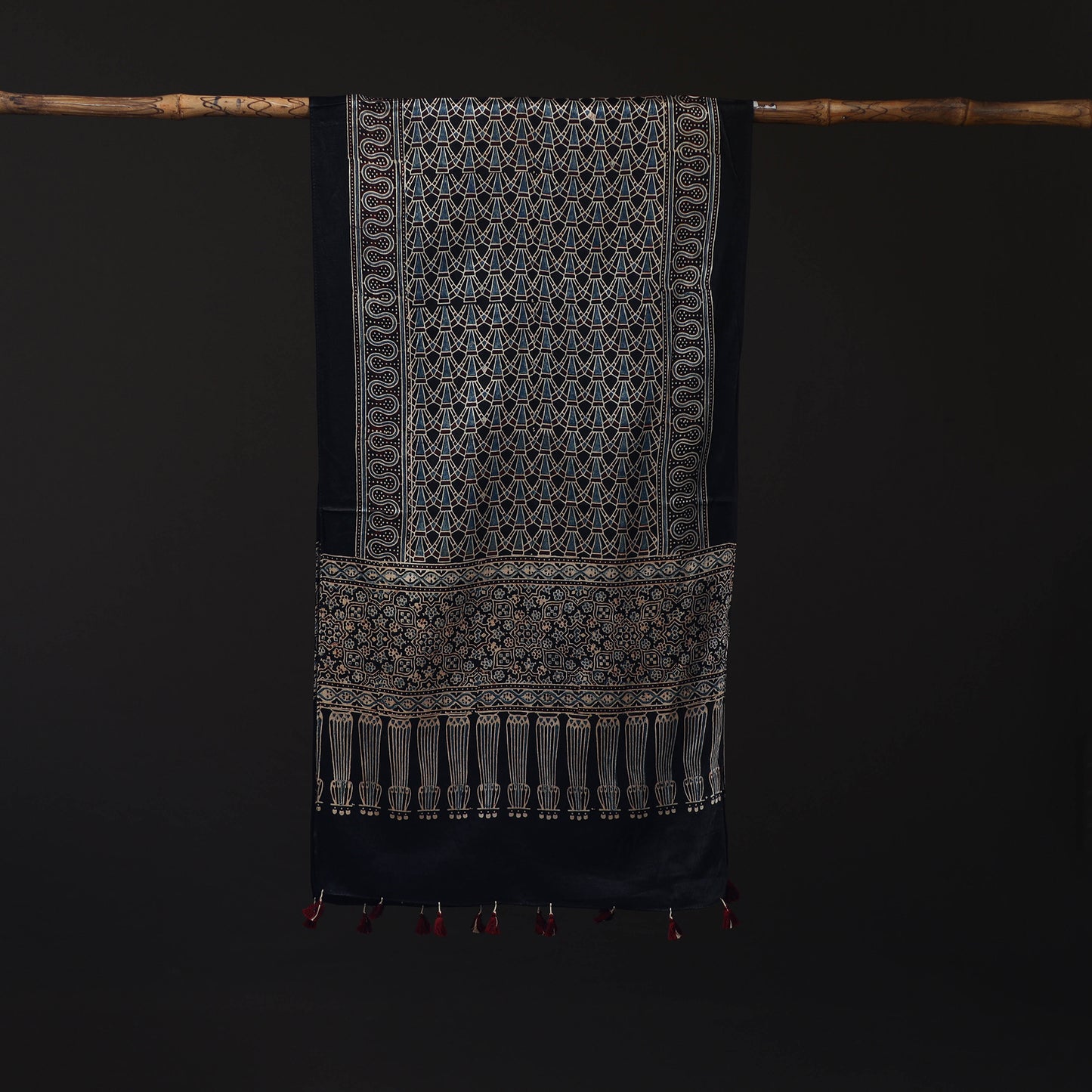 Ajrakh Hand Block Print Natural Dyed Mashru Silk Stole 13
