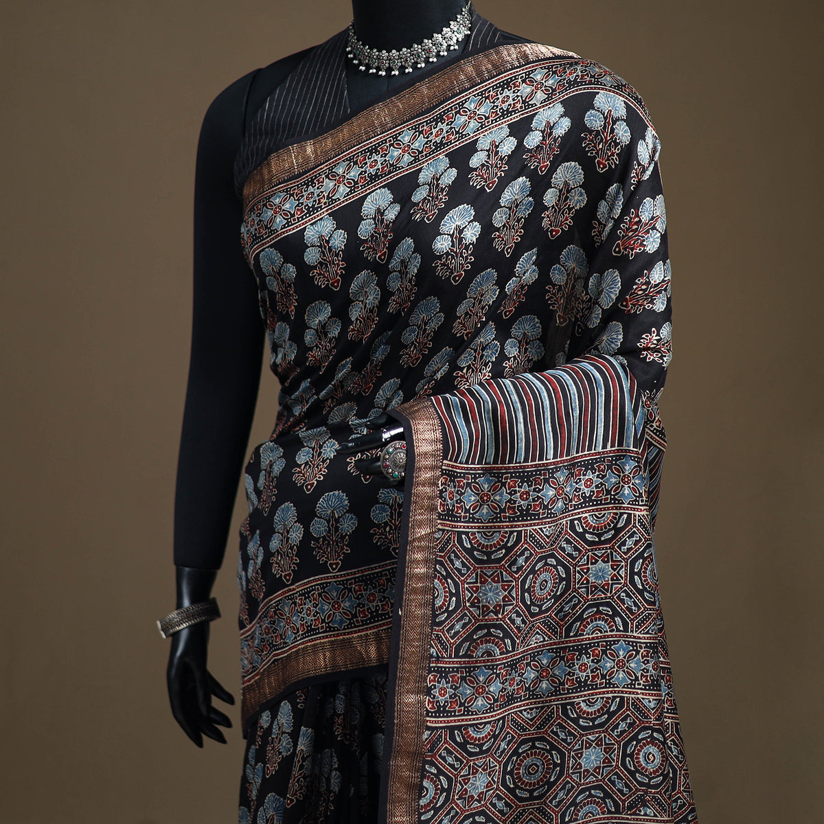 Ajrakh Hand Block Print Natural Dyed Zari Border Chanderi Silk Saree 15