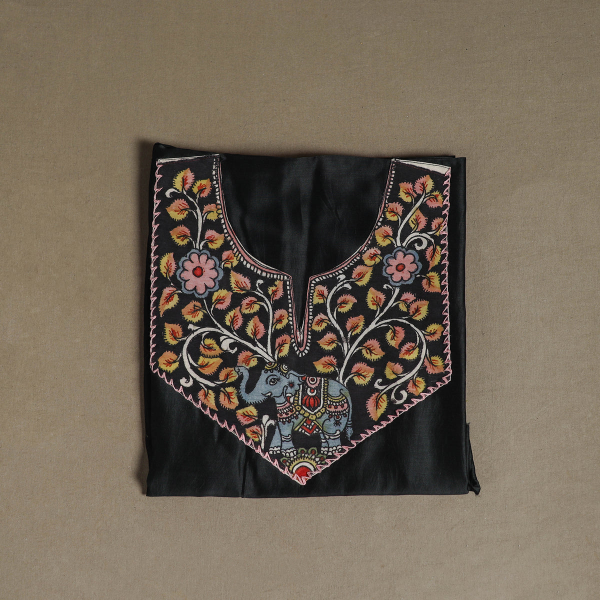 Black - Handpainted Srikalahasti Handloom Chanderi Silk Unstitched Kurta (2.3M) 18