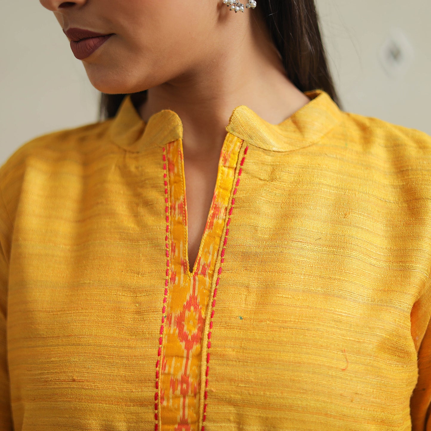 Yellow - Bhagalpuri Handwoven Desi Tussar Silk Plain Kurta 04