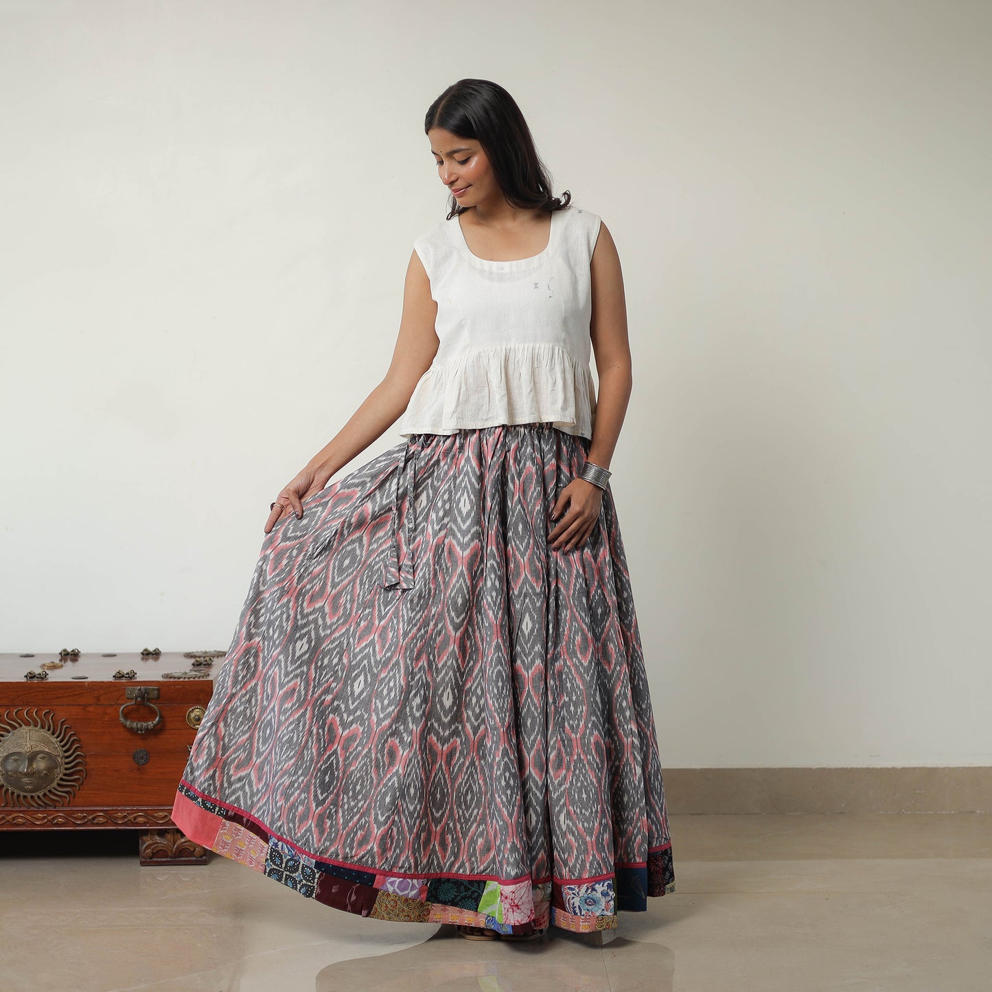 Grey - 24 Kali Cotton Pochampally Ikat Skirt 06