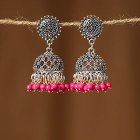 Pink Khushi German Silver Beaded Jhumki Earrings