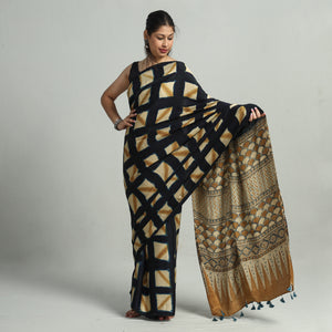 Black - Ajrakh Block Printed Clamp Dyed Modal Silk Saree with Tassels 18
