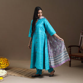 Buy Blue Bhagalpuri Handloom Desi Tussar Silk Kurta Set