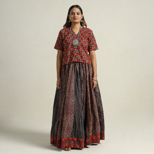 Ajrakh Block Printed 24 Kali Patchwork Cotton Long Skirt 57