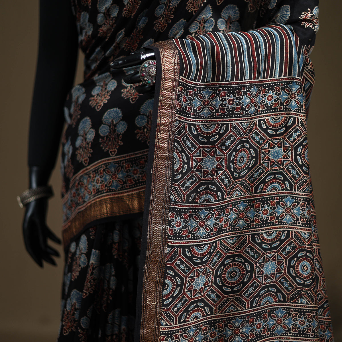 Ajrakh Hand Block Print Natural Dyed Zari Border Chanderi Silk Saree 15