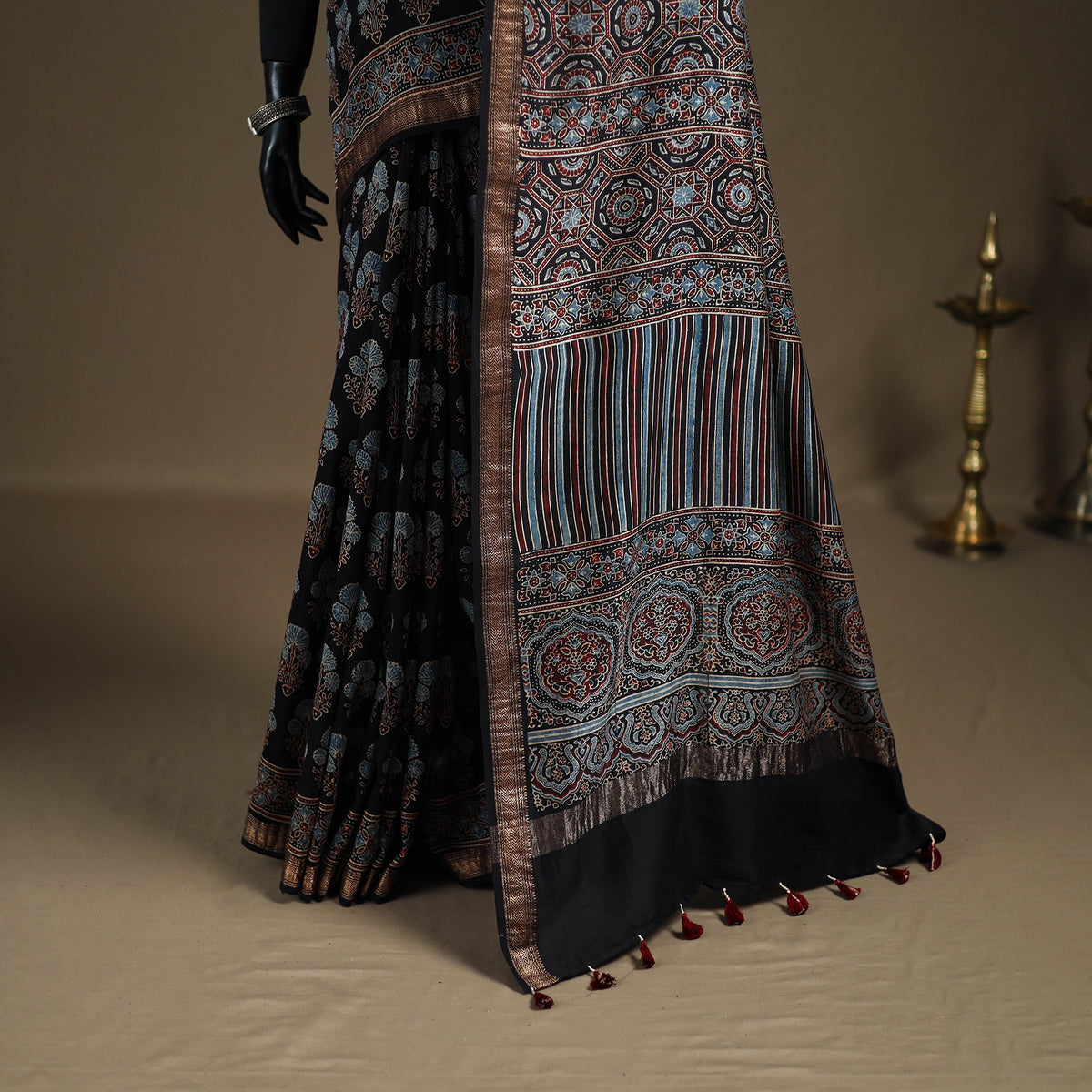 Ajrakh Hand Block Print Natural Dyed Zari Border Chanderi Silk Saree 15