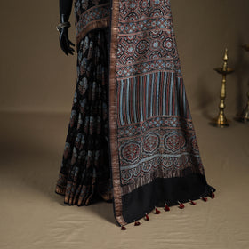 Ajrakh Hand Block Print Natural Dyed Zari Border Chanderi Silk Saree 15
