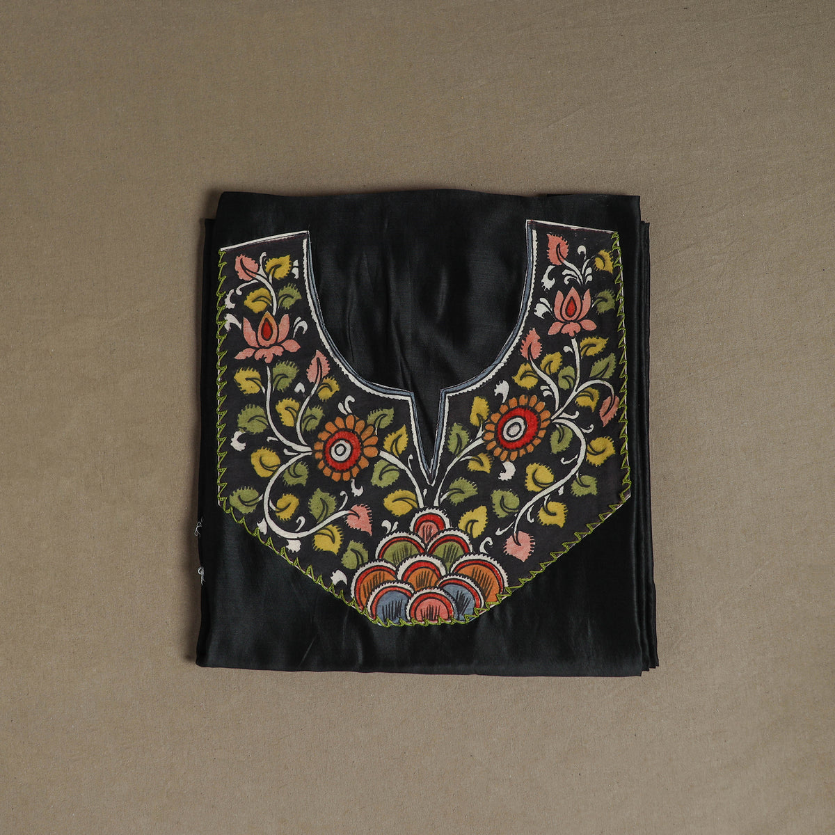 Black - Handpainted Srikalahasti Handloom Chanderi Silk Unstitched Kurta (2.3M) 17