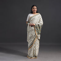 Yellow - Hand Block Print Merino Wool Sanganeri Saree 10