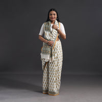 Yellow - Hand Block Print Merino Wool Sanganeri Saree 10