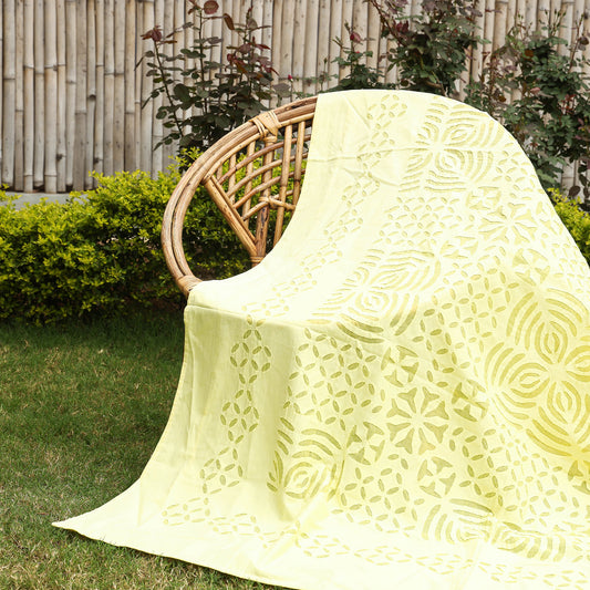 Yellow - Barmer Applique Cutwork Cotton Single Bed cover (93 x 60 in)