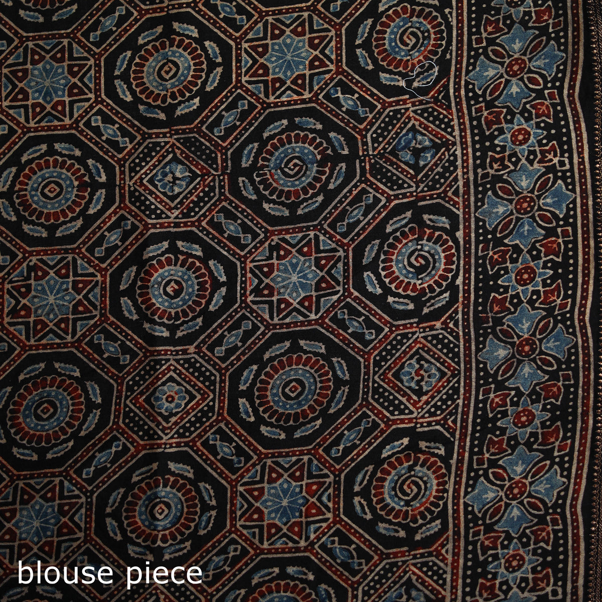 Ajrakh Hand Block Print Natural Dyed Zari Border Chanderi Silk Saree 15