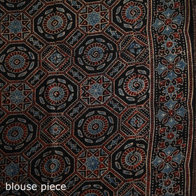 Ajrakh Hand Block Print Natural Dyed Zari Border Chanderi Silk Saree 15