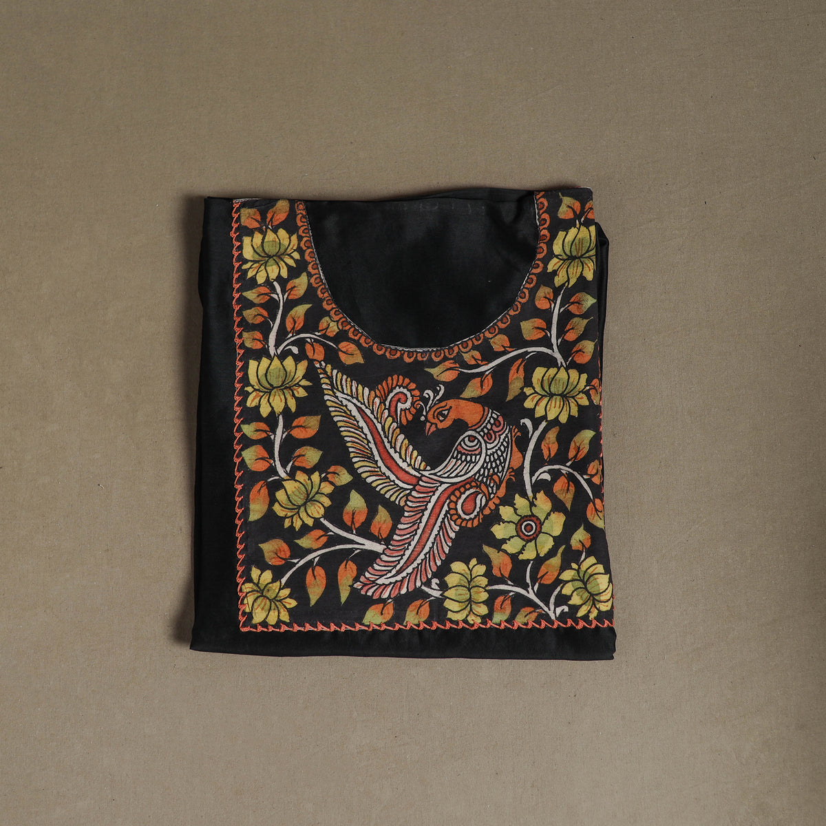 Black - Handpainted Srikalahasti Handloom Chanderi Silk Unstitched Kurta (2.3M) 15