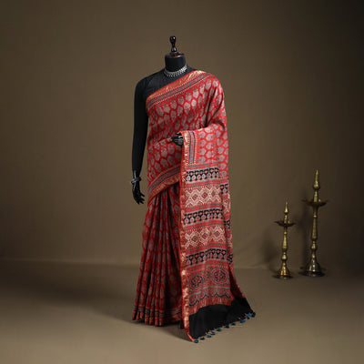 Ajrakh Hand Block Print Natural Dyed Zari Border Chanderi Silk Saree 16