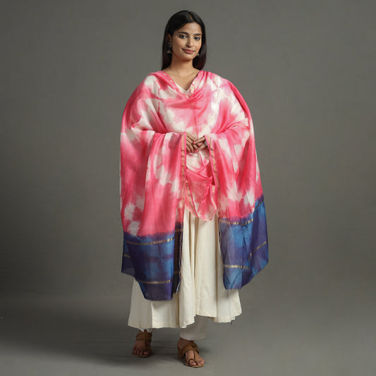 Pink - Shibori Tie-Dye Handloom Chanderi Silk Dupatta with Zari Border 77