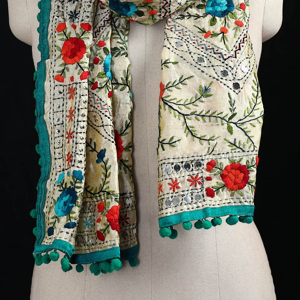 Ranihati Chanderi Silk Hand Embroidered Stole with Pom Pom 289