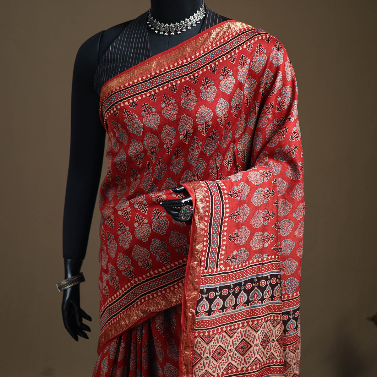 Ajrakh Hand Block Print Natural Dyed Zari Border Chanderi Silk Saree 16