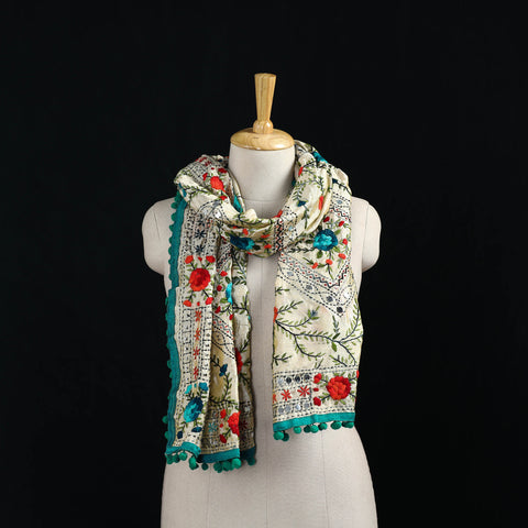 Ranihati Chanderi Silk Hand Embroidered Stole with Pom Pom 289
