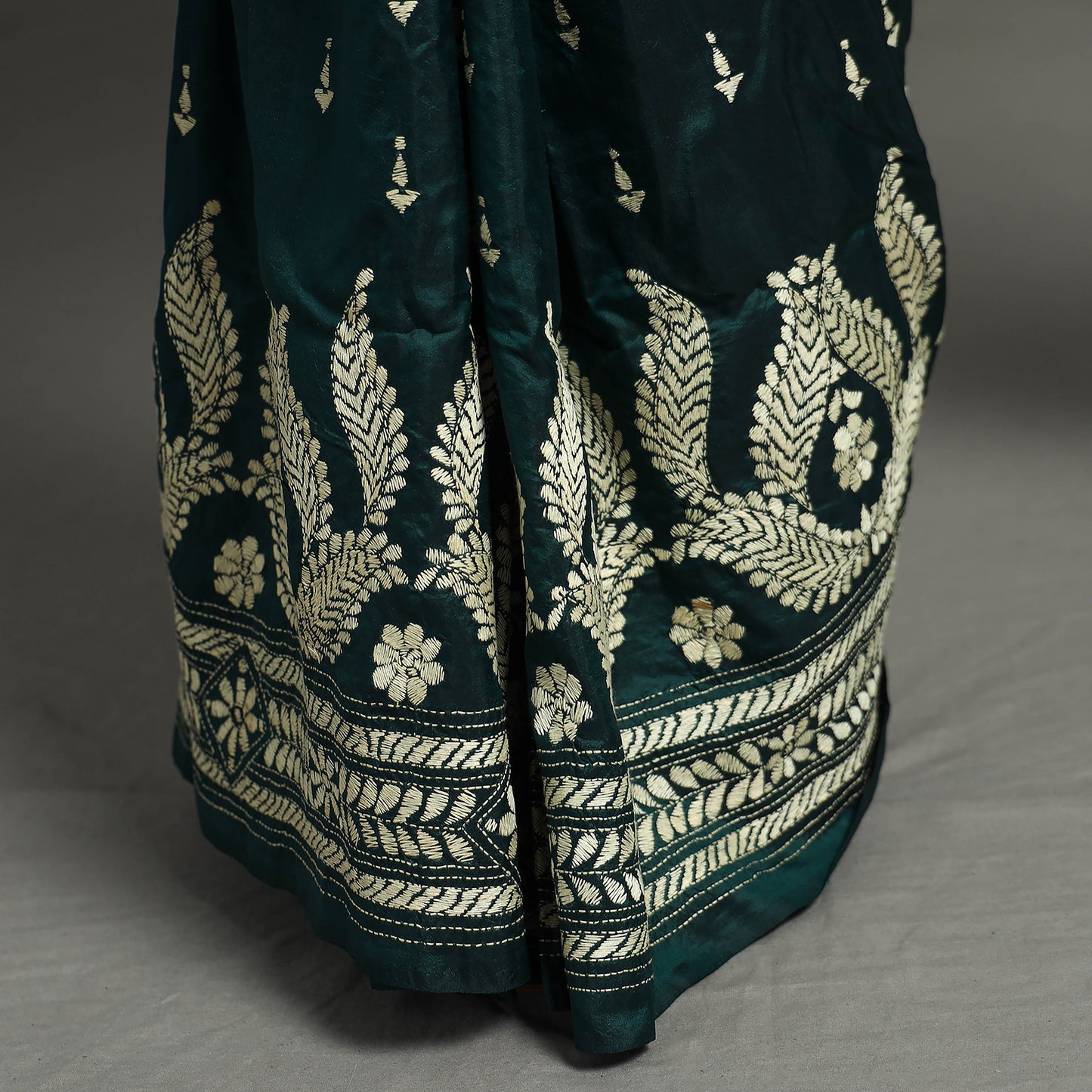 Green - Bengal Kantha Embroidery Handloom Bangalore Silk Saree