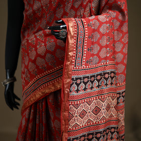 Ajrakh Hand Block Print Natural Dyed Zari Border Chanderi Silk Saree 16