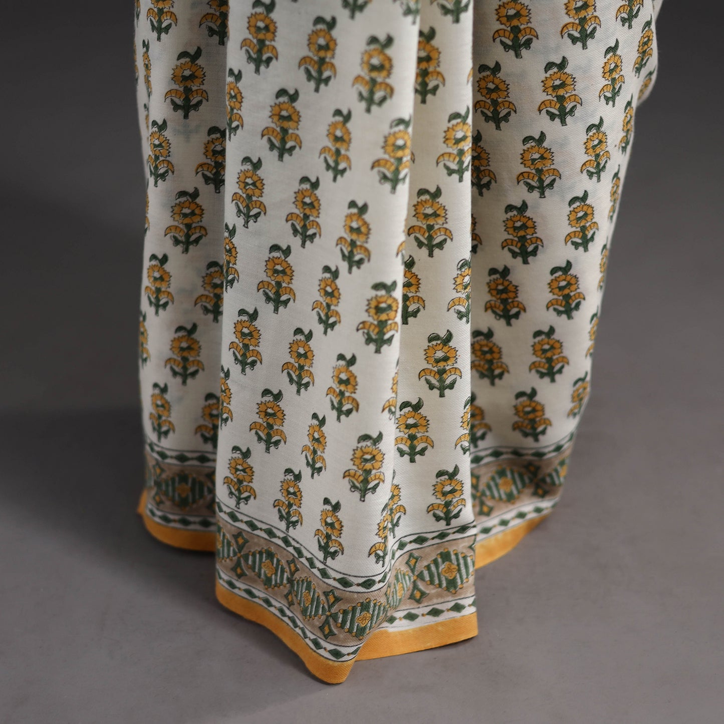 Yellow - Hand Block Print Merino Wool Sanganeri Saree 10