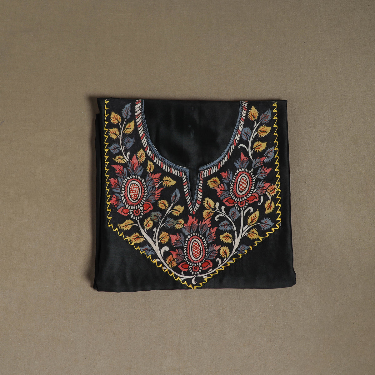 Black - Handpainted Srikalahasti Handloom Chanderi Silk Unstitched Kurta (2.3M) 13