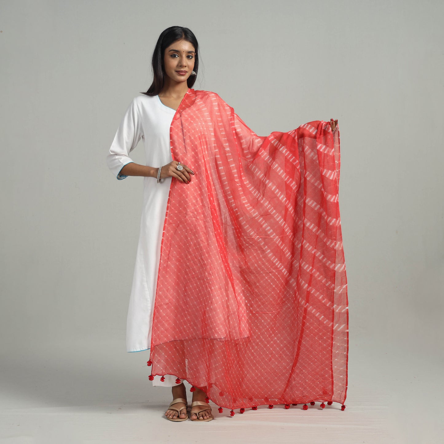 Orange - Tie & Dye Mothra Kota Doria Cotton Leheriya Dupatta 11