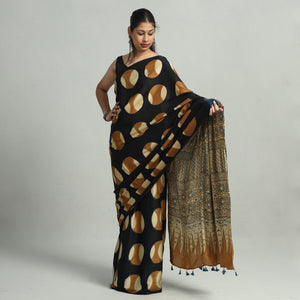 Black - Ajrakh Block Printed Clamp Dyed Modal Silk Saree with Tassels 19