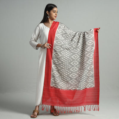 Red - Pochampally Ikat Handloom Cotton Dupatta with Tassels 22