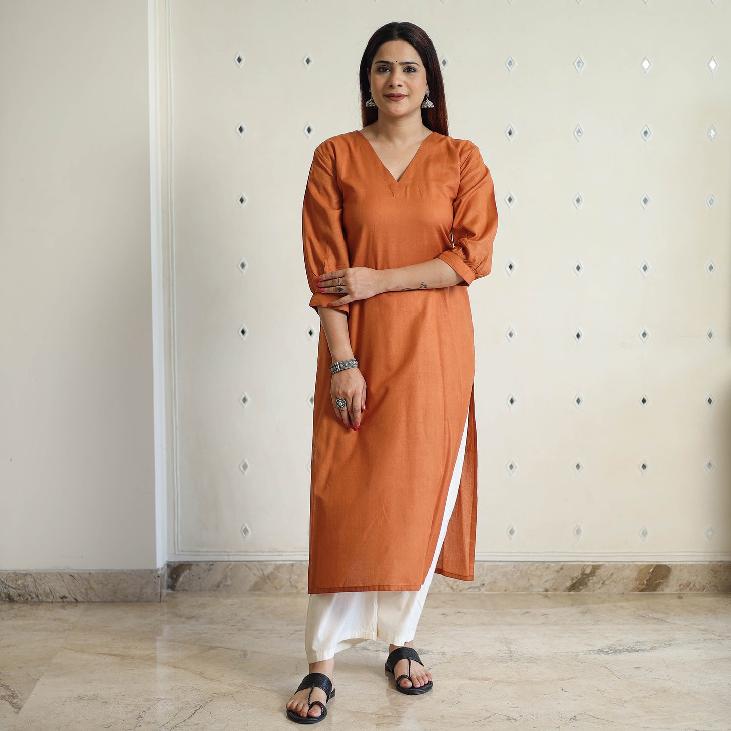 Orange - Linen Viscose Plain Long Straight Kurta 15