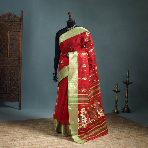 Red - Pure Cotton Handloom Bengal Tant Saree with Zari & Thread Work 06