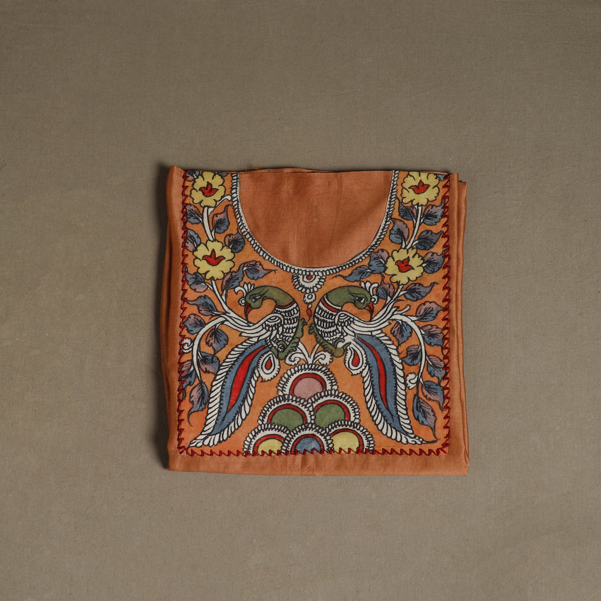 Orange - Handpainted Srikalahasti Handloom Chanderi Silk Unstitched Kurta (2.3M) 12