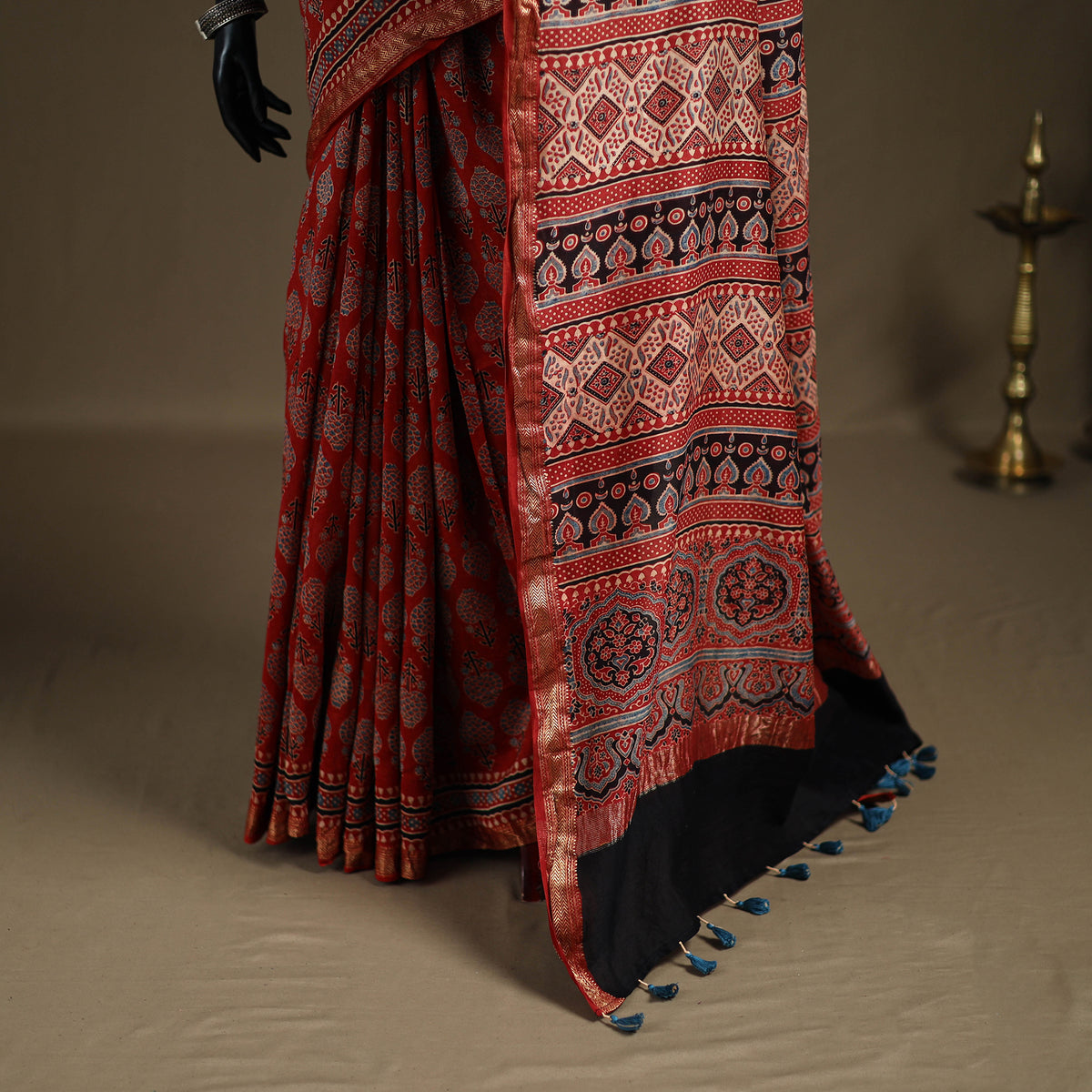 Ajrakh Hand Block Print Natural Dyed Zari Border Chanderi Silk Saree 16