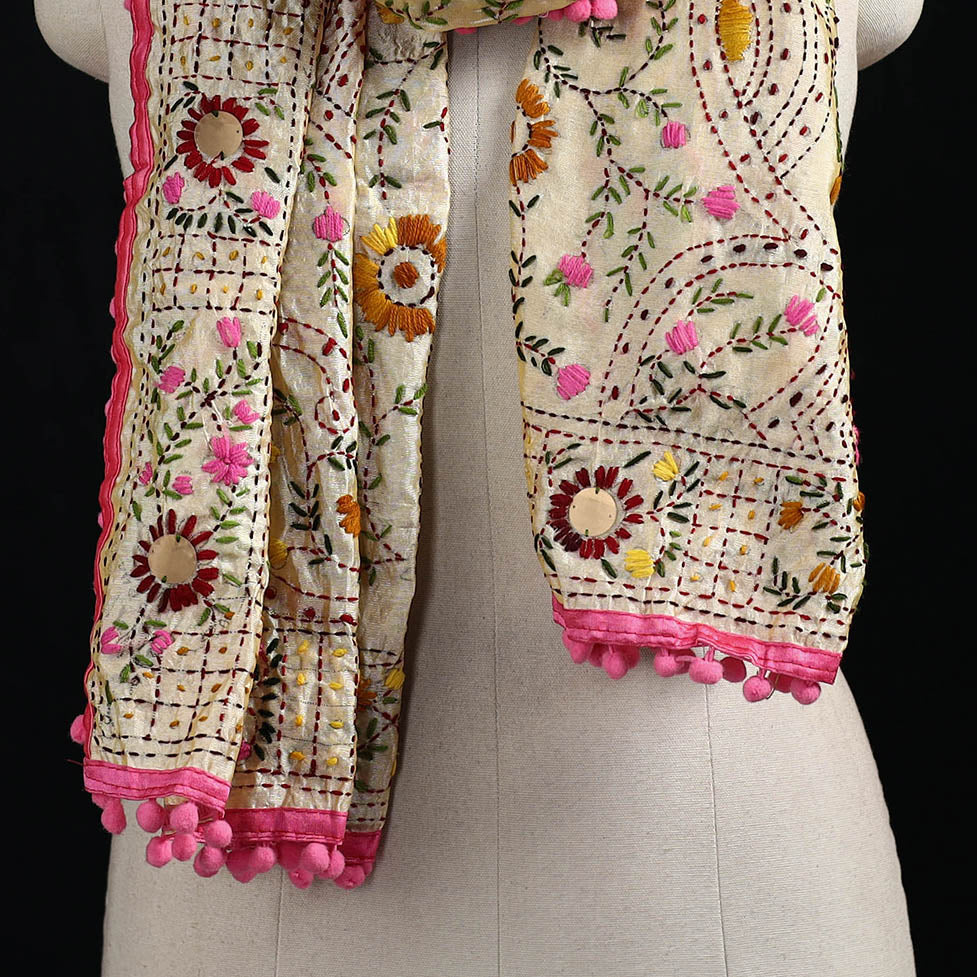 Ranihati Chanderi Silk Hand Embroidered Stole with Pom Pom 291