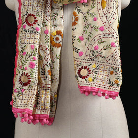 Ranihati Chanderi Silk Hand Embroidered Stole with Pom Pom 291