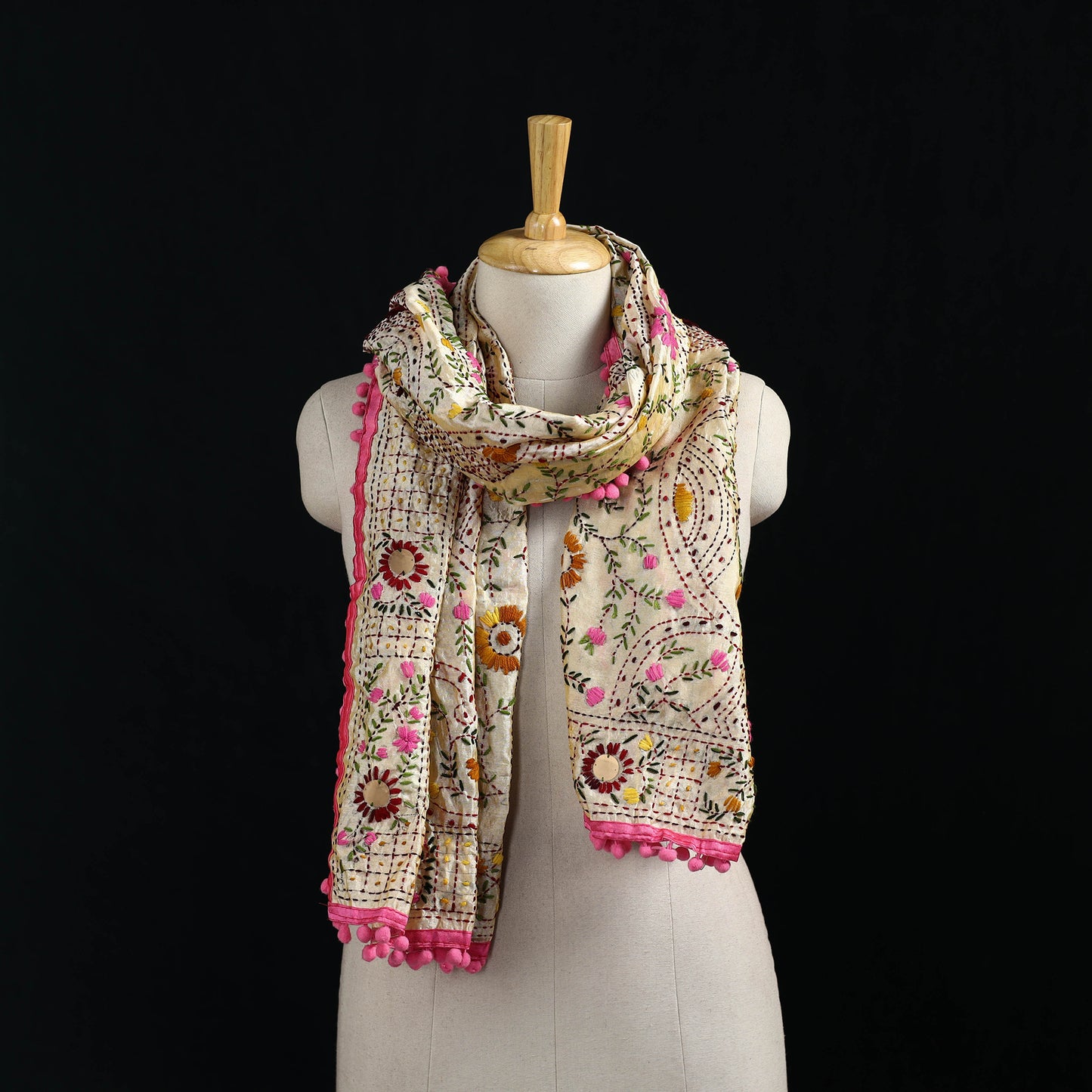 Ranihati Chanderi Silk Hand Embroidered Stole with Pom Pom 291