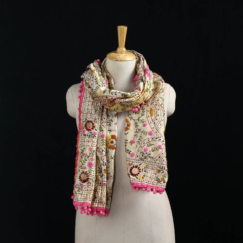 Ranihati Chanderi Silk Hand Embroidered Stole with Pom Pom 291
