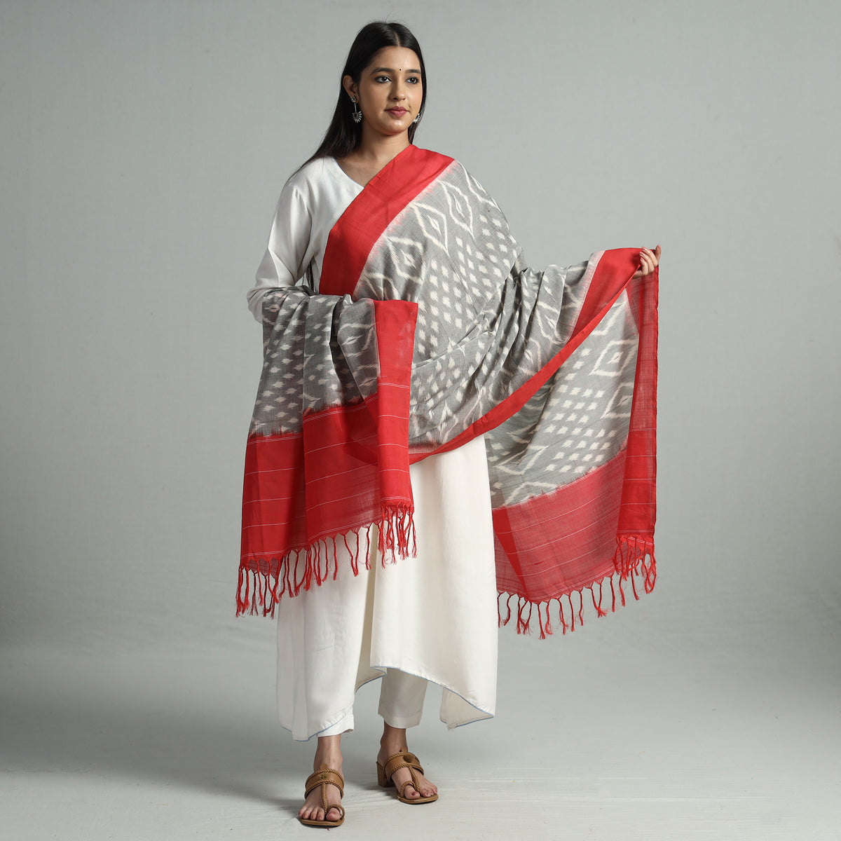 Red - Pochampally Ikat Handloom Cotton Dupatta with Tassels 22