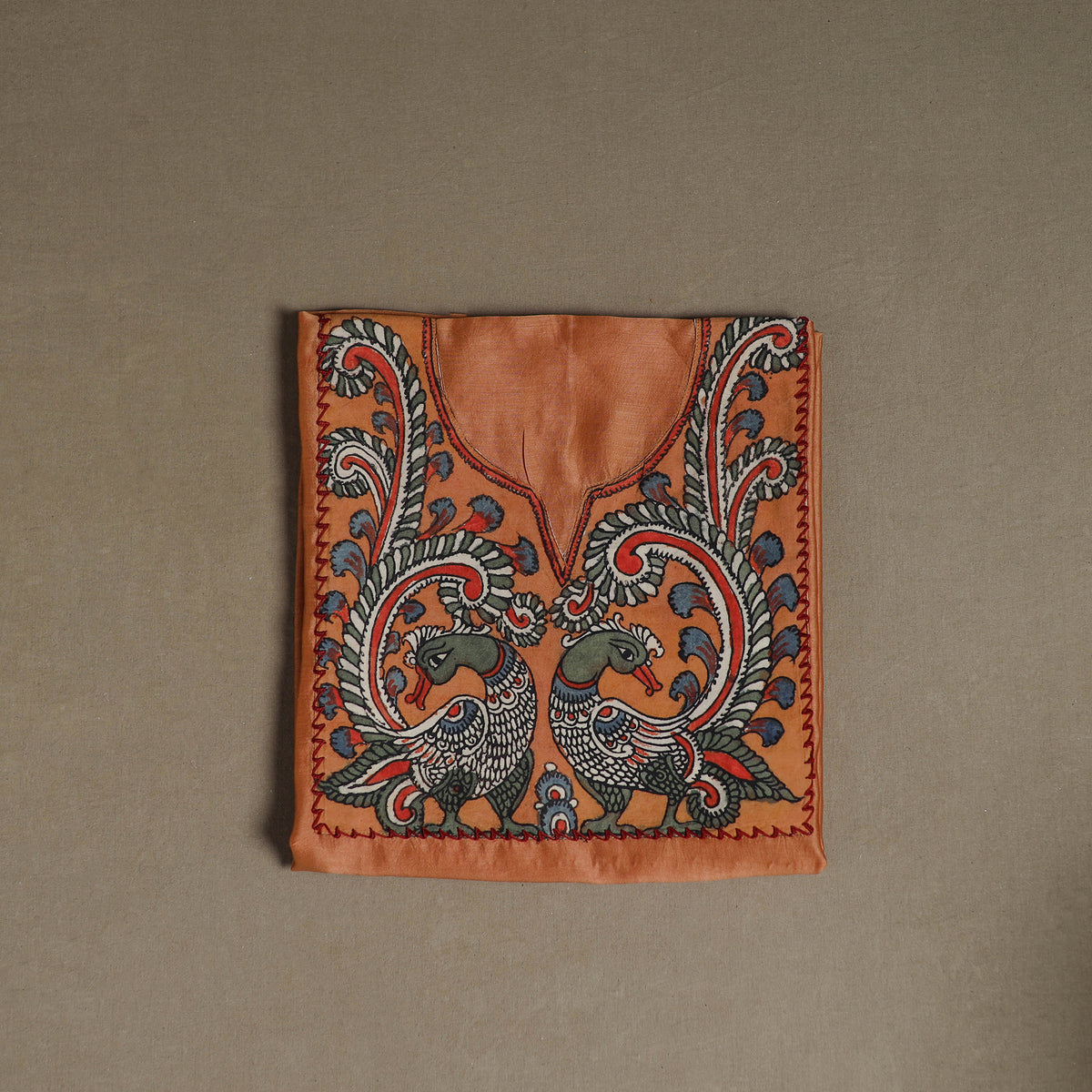 Orange - Handpainted Srikalahasti Handloom Chanderi Silk Unstitched Kurta (2.3M) 11