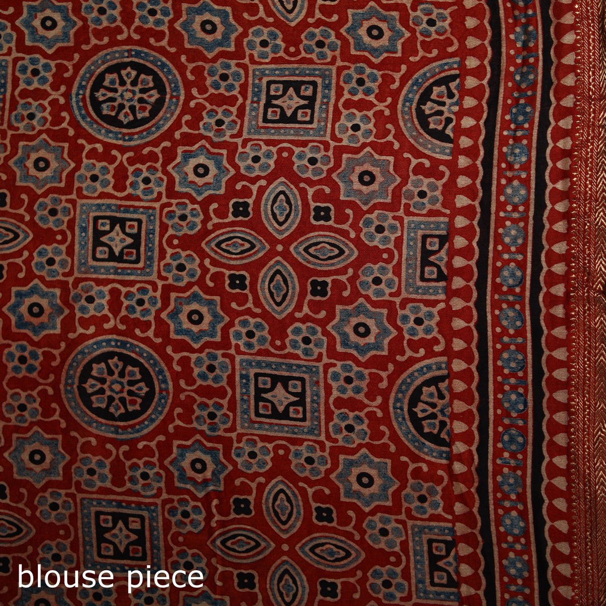 Ajrakh Hand Block Print Natural Dyed Zari Border Chanderi Silk Saree 16
