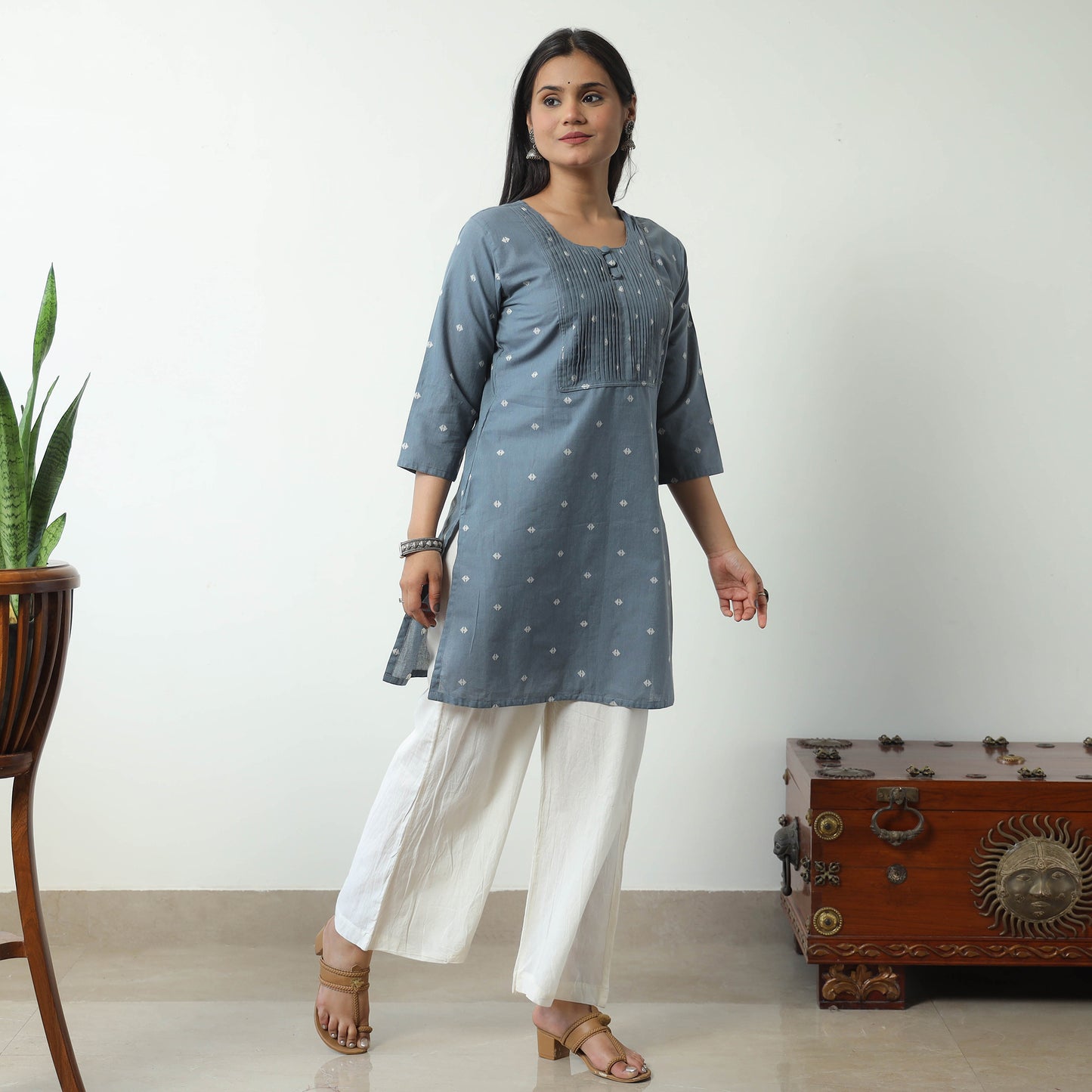 Grey - Jacquard Cotton Pintuck Short Kurta 35