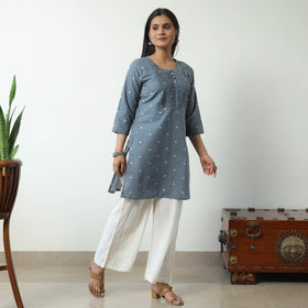 Grey - Jacquard Cotton Pintuck Short Kurta 35