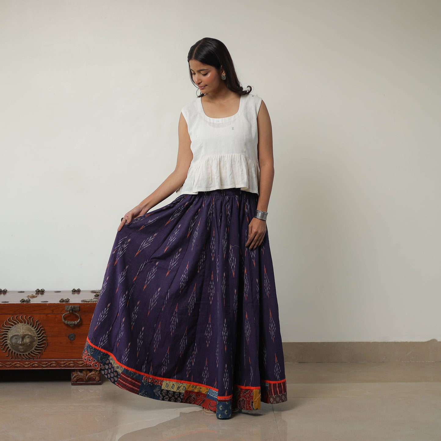 Purple - 24 Kali Cotton Pochampally Ikat Skirt with Border 07