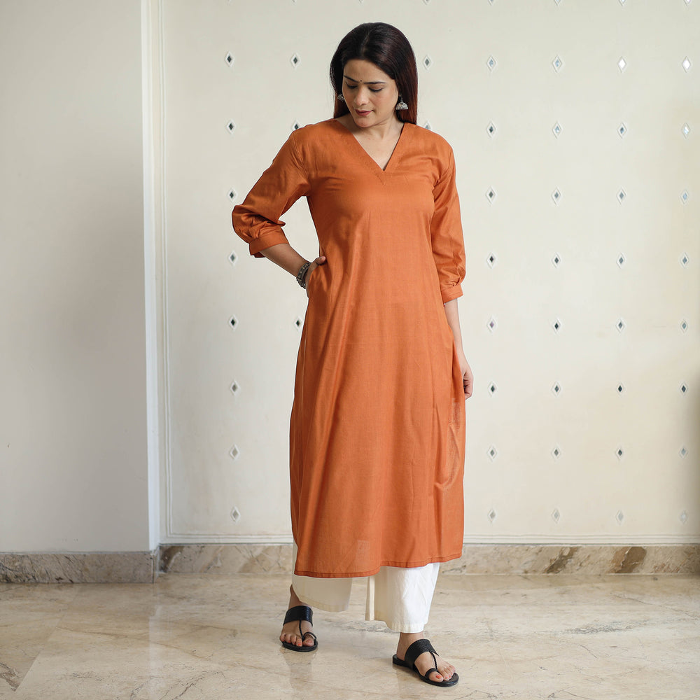 Orange - Linen Viscose Plain Long Straight Kurta 15