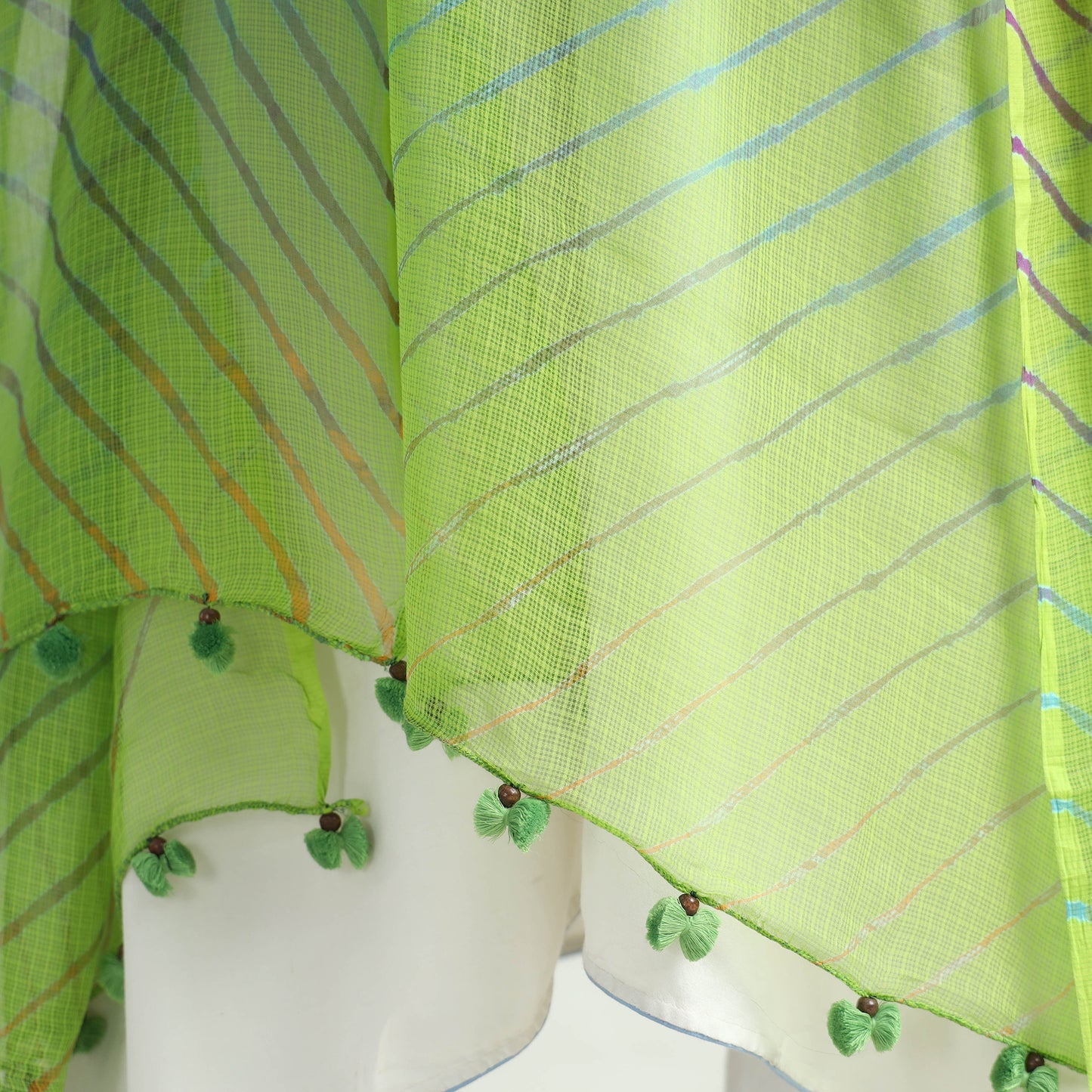 Green - Leheriya Tie-Dye Kota Doria Cotton Dupatta with Tassels 64